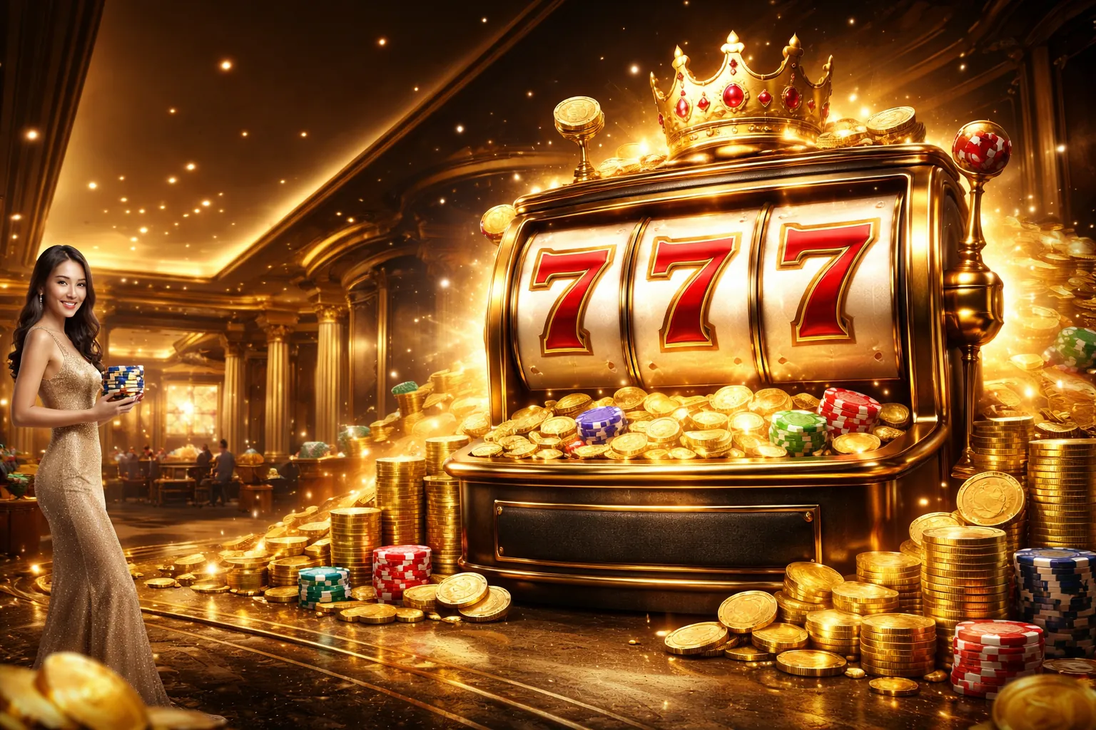 Máy đánh bạc Mega Casino với biểu tượng chiến thắng và tiền thưởng